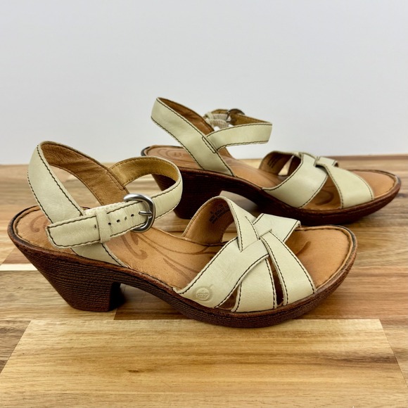 Born Sandals Women's Size 8 M Wedge Heel Cream Leather Criss Cross Ankle‎ Strap - Picture 6 of 10